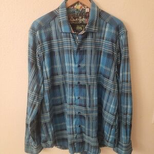 Robert Graham Blue Plaid Abstract 100% Cotton Button Down Shirt Mens 2XL
